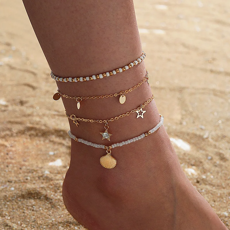 Hot Sale Good Quality Boho Jewelry Beaded Star Disc Pearl Shell Anklet Four Pieces Set
