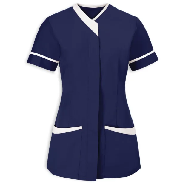 60 % Polyester 40% Cotton cleaner Contrast Trim Cleaning Tunic hotel staff working short sleeve scrubs