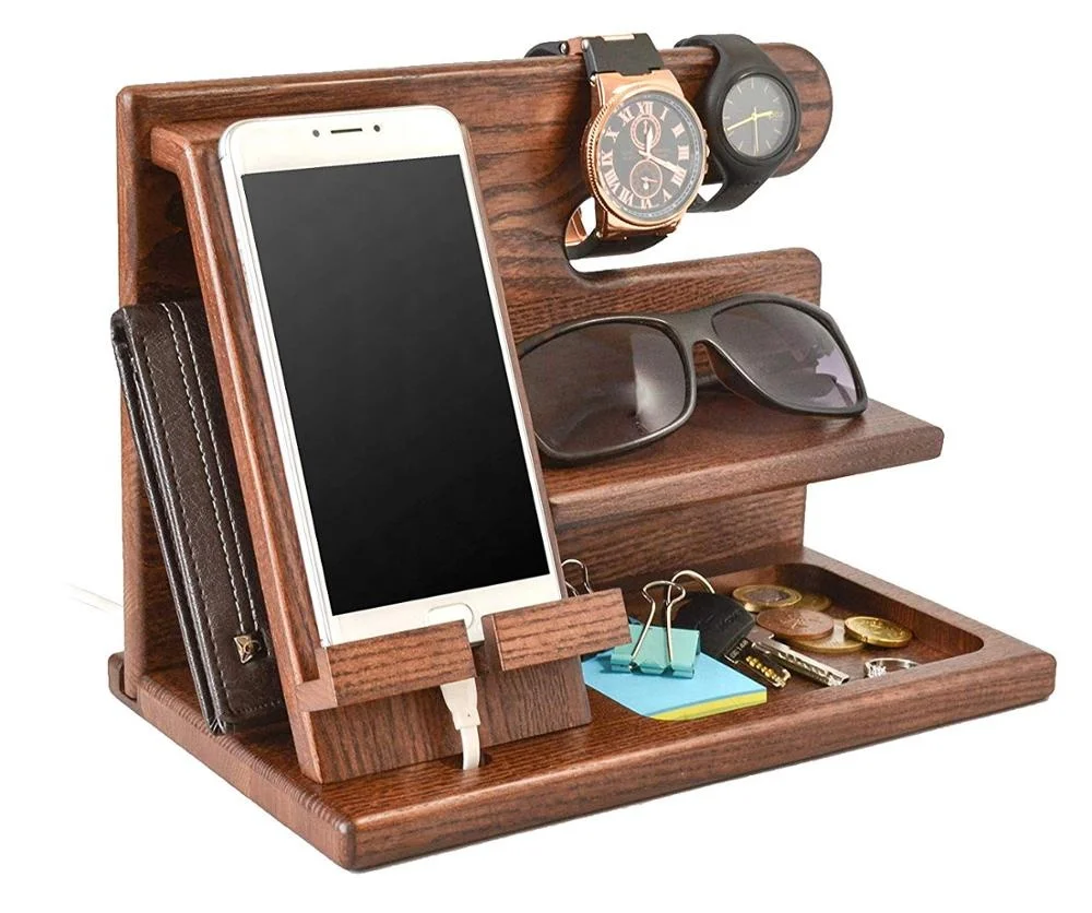 Wood Phone Docking Station for Key Holder Wallet Stand Watch Organizer