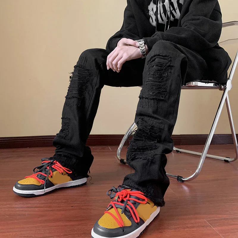 XINGKONG White Pants for Men - High Street Ripped Jeans with Slim Straight Leg and Flare Design