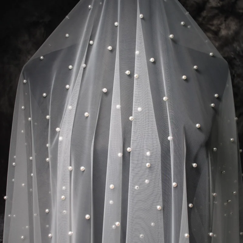 Ins Hot Handmade Factory Ivory Soft Tulle Pearl Bridal Veil Customized Vintage Evenly Spaced Small Pearl Wedding Bridal Veil
