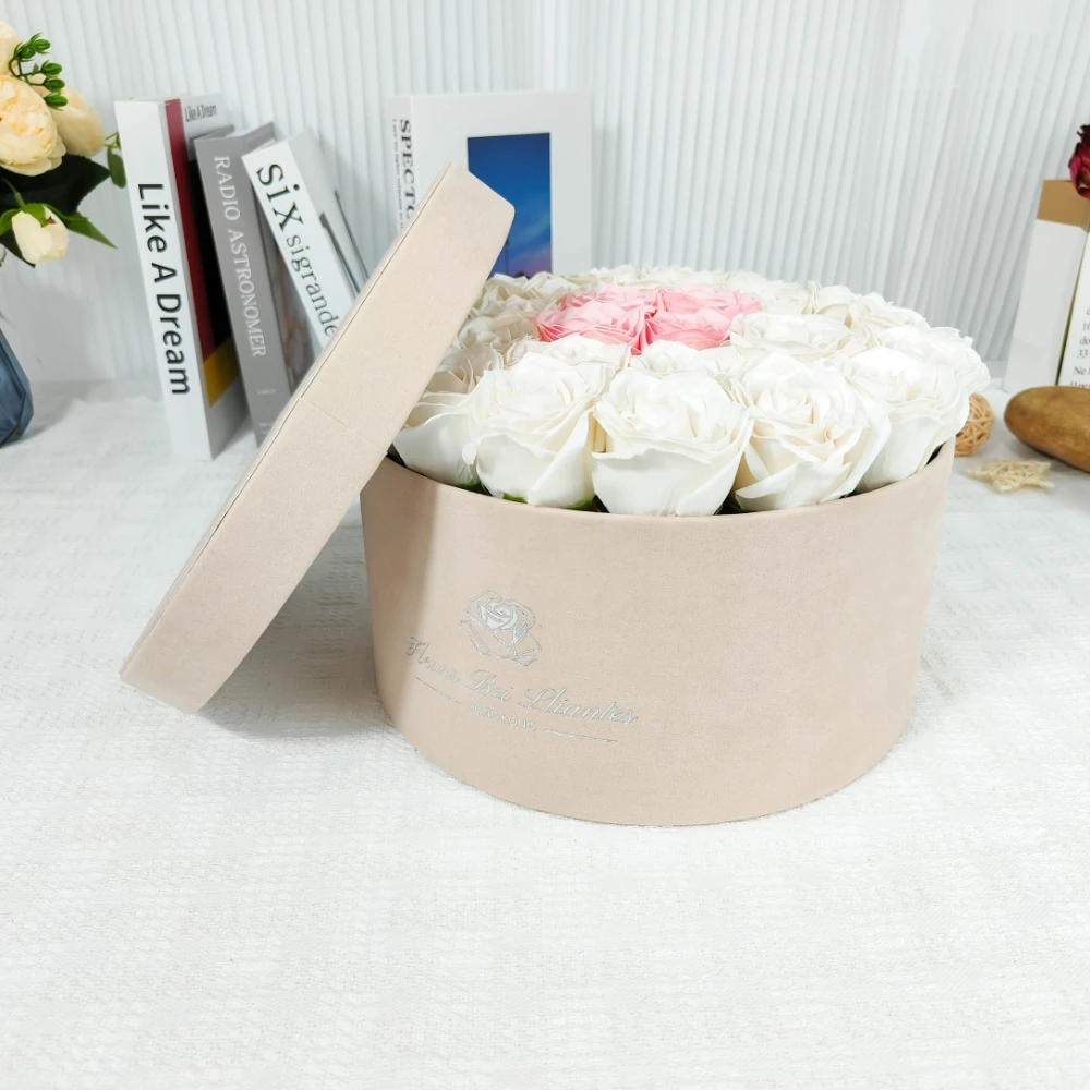 Color Nude Suede Boxes, Cylinder Velvet Round Rose Box For Flowers Bouquet Arrangement