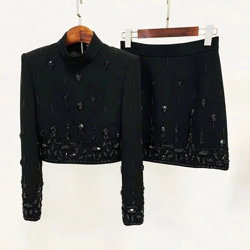 Bettergirl 2024  New Heavy Industry Beads Diamond Inlaid Short Top Mid-Length Dress Two-Piece Set