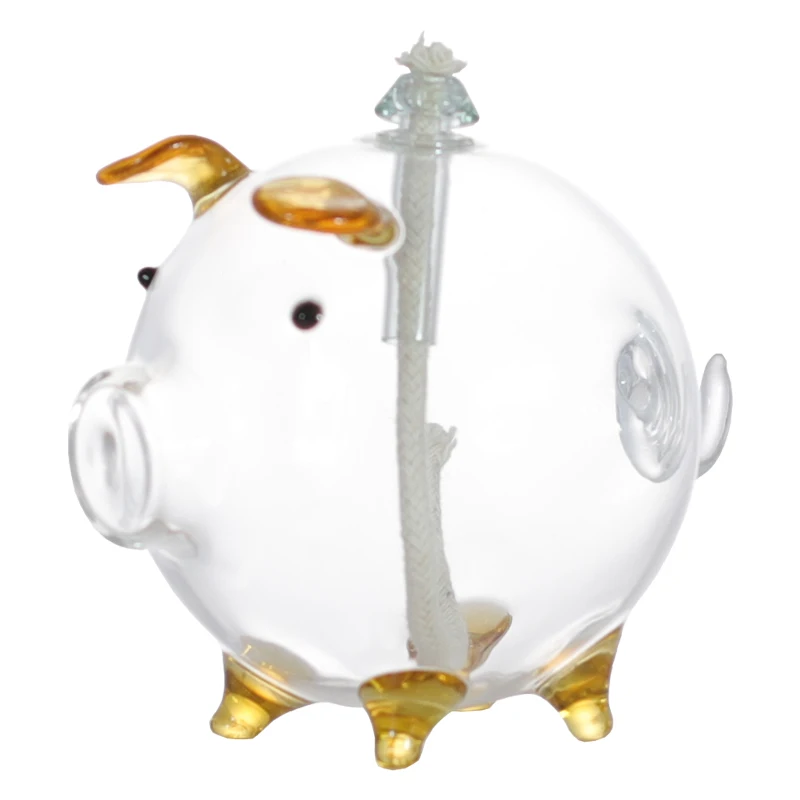 Decorative Hand Blown Table top Piglet shape Glass Oil Chimney Candle Lamp with Wicker Oil Burner