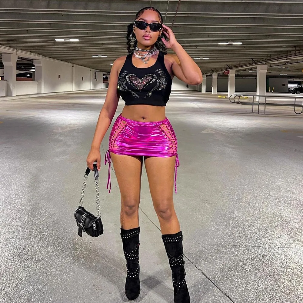 Hot Sale Summer Women Sexy Skirt Mini Short Skirt Bright leather tassel high elastic hollow lace skirt for women