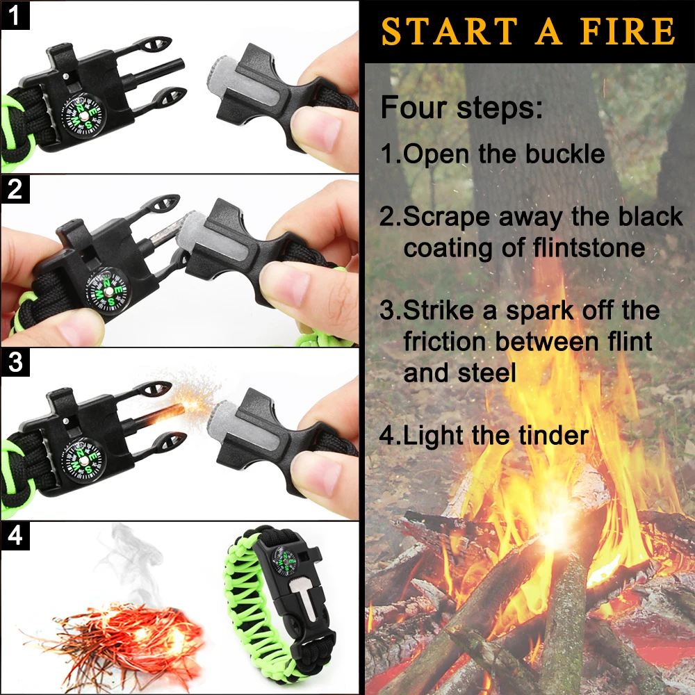 Camping Emergency Whistle fire starter  Parachute Cord Bracelet Glow in the Dark 550 Paracord Survival Bracelet