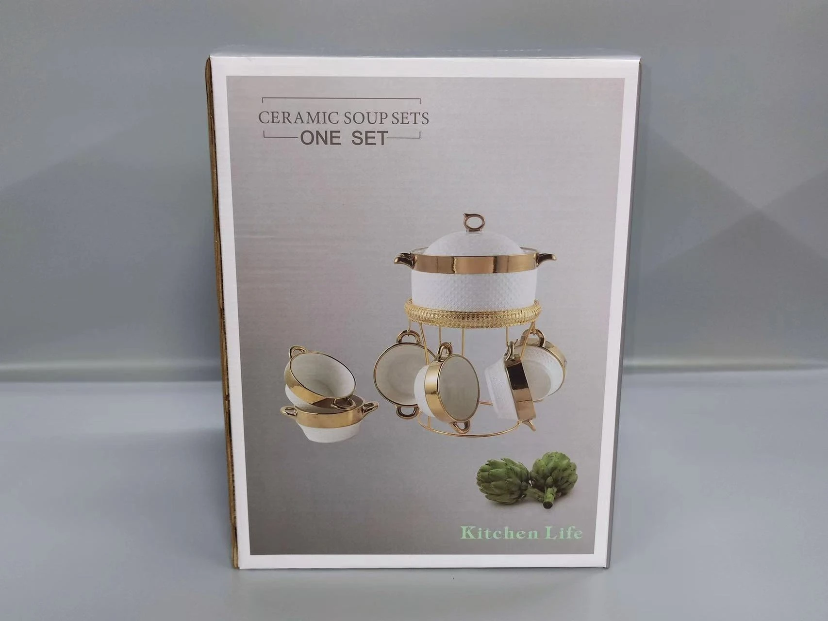 Embossed Gold Plating Ceramic Soup Bowl Set Porcelain Soup Tureen Set With Metal Stand