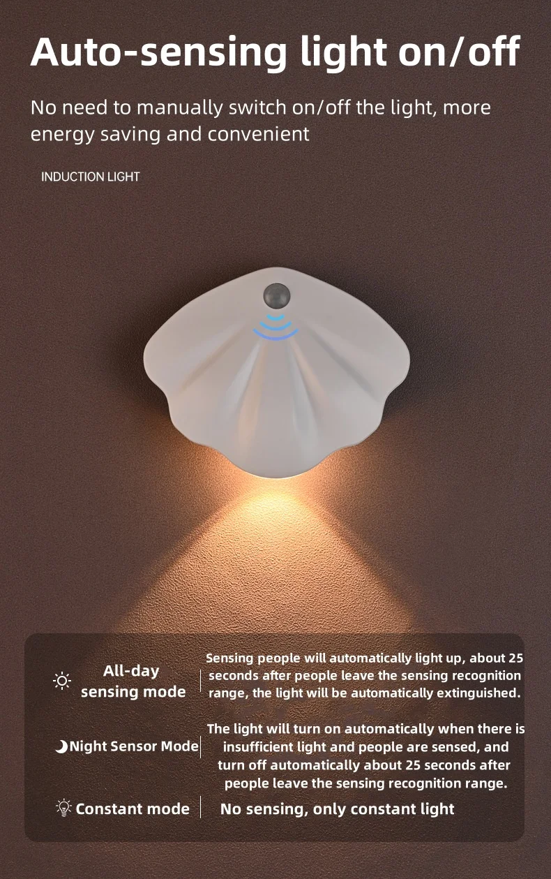Shell intelligent body sensor wall light led charging electromagnetic suction lamp indoor stairs door sign night light