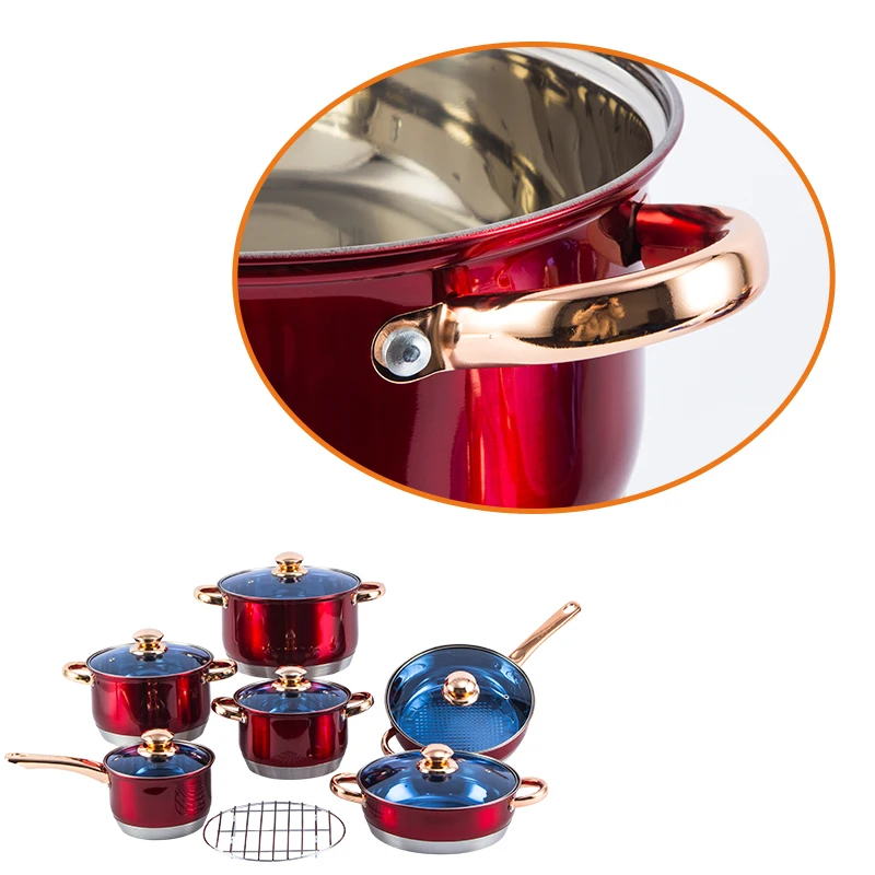 Customized Gold Plated Handle Stainless Steel Large Cooking Pot Pan Home 13 pcs Non Stick Cookware Set kitchen