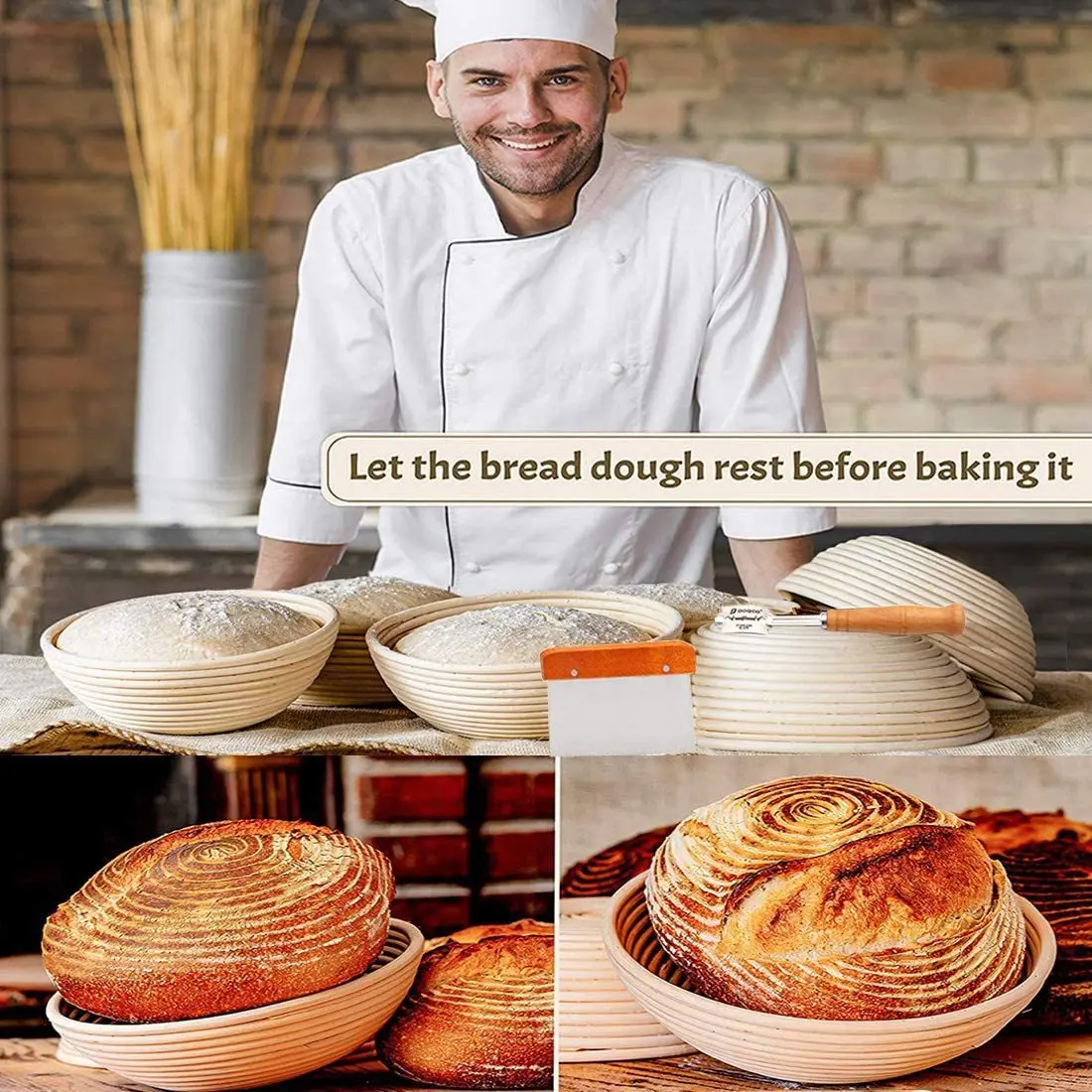 Round Rattan Weaving Bread Fermentation Basket Basket Set - Roasting, Drying, Storage, Kitchen Accessories Cake Tools