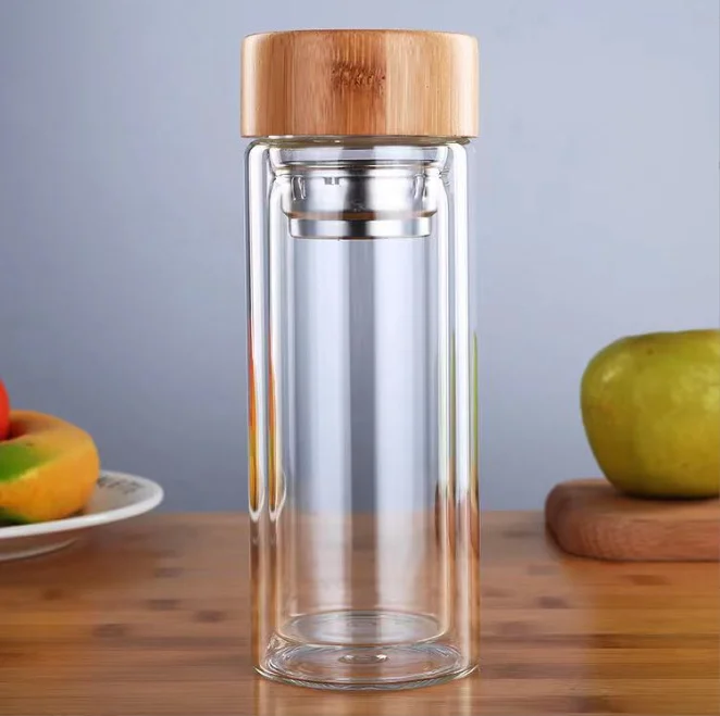 Eco bamboo lid private label insulated double wall glass water bottle with stainless steel tea infuser