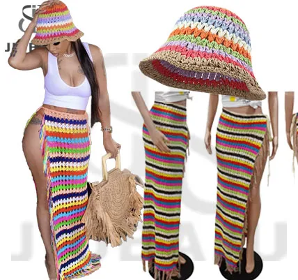 Knitted Tassel Asymmetric Split Skirts Summer Outfits Women 2023 Bodycon Stripe High Waist Skirts