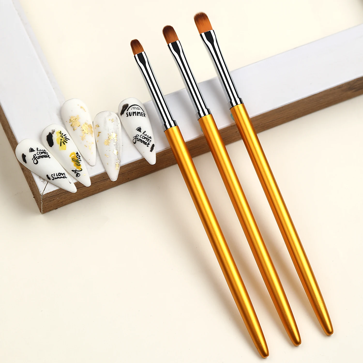 MissBloom 3Pcs Gold Metallic Nail Art Pen Brush Designs Painting Metallic Nail Gel Brush Set