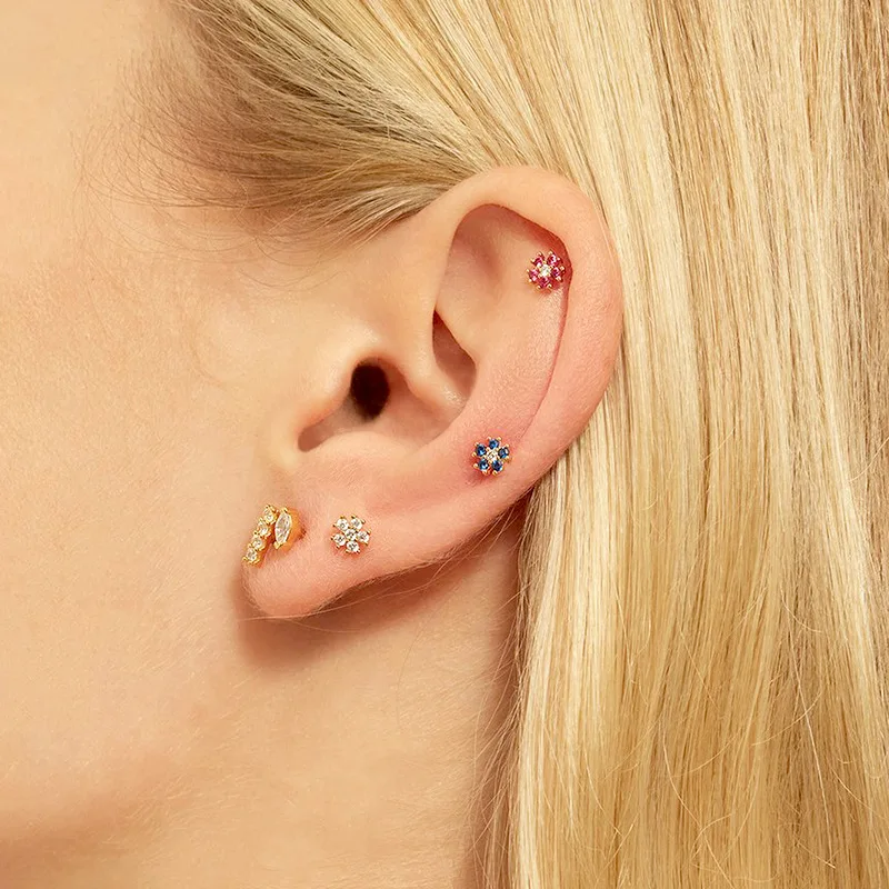 Tiny Stud 14K 18K Pure Gold Solid Flower Shape Ear Piercing Studs White Topaz Earrings Piercing Jewellery /