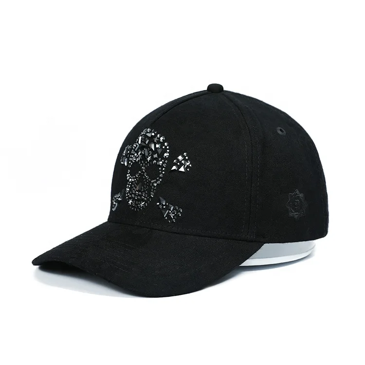 Custom Slant Twill Cotton Skull Logo Cap with Hot Drilling Binding Tapes Printing 6 Panel Baseball Hat