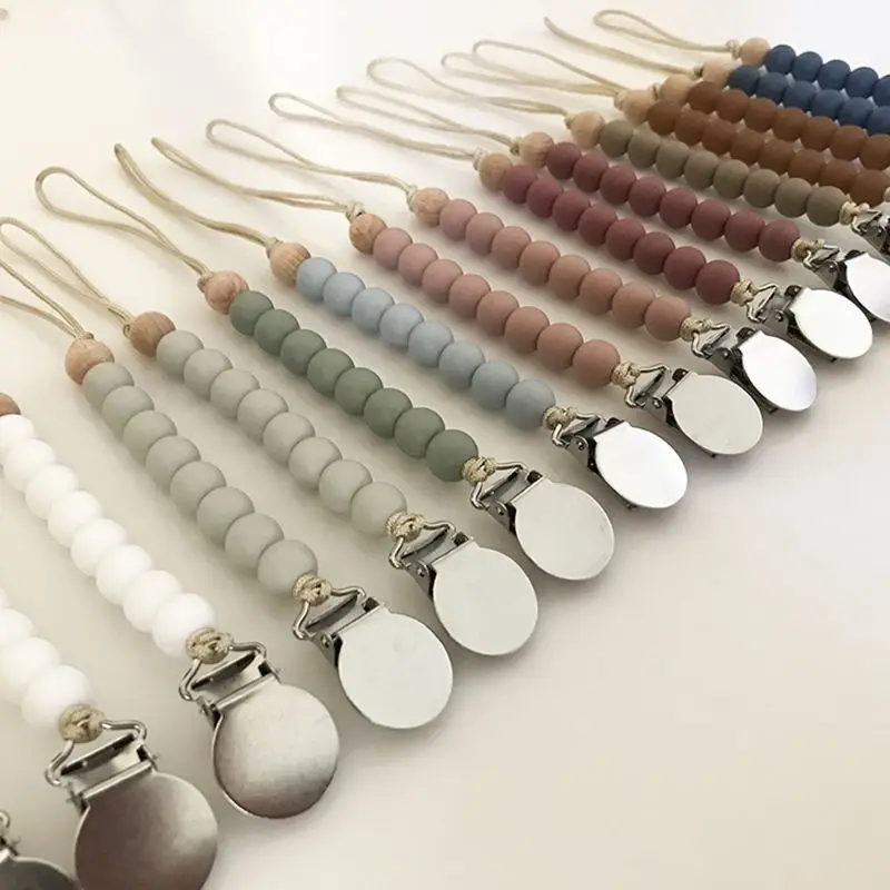 Feeding Crochet Wooden Silicone Beads Baby Pacifier Clips Wood Baby Pacifier chain