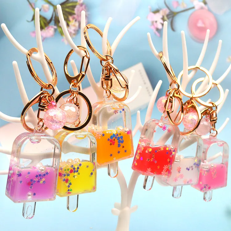 New cute key chain ring creative filled liquid oil Quicksand popsicles keychain car key ring