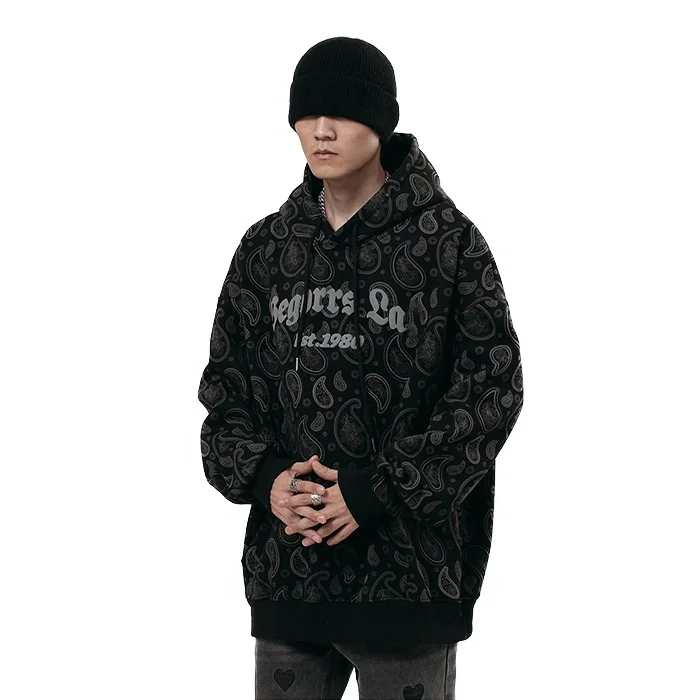 Finch Garment OEM wholesale full print hoodie men custom 3d puff logo printed paisley cotton hoodie