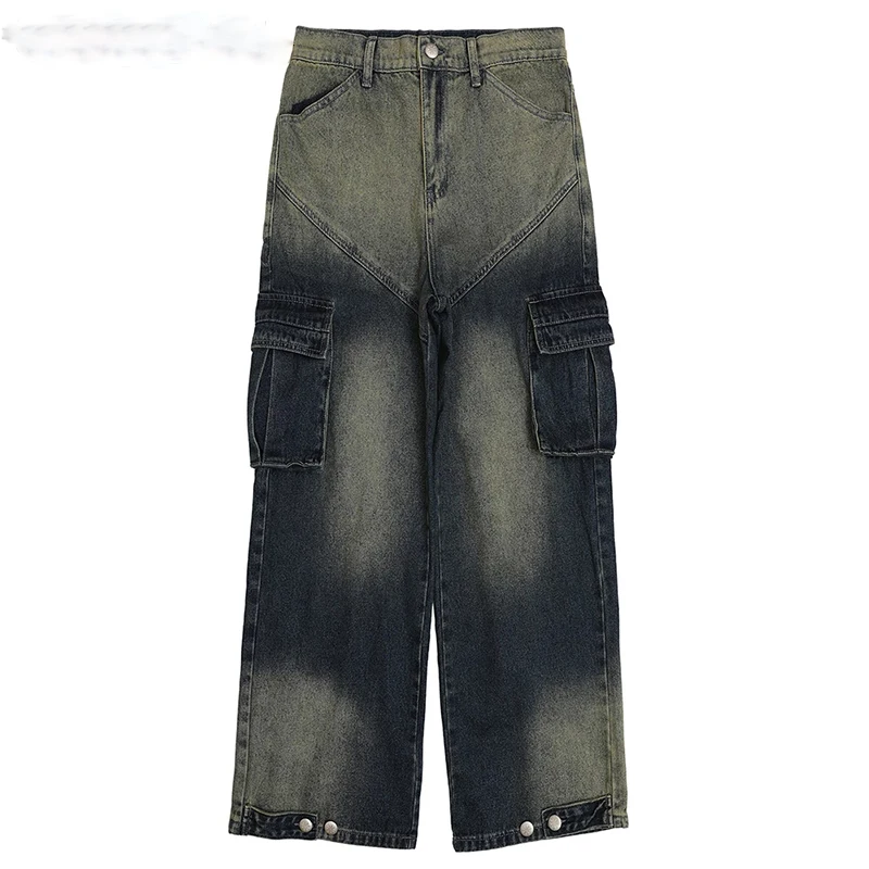 Custom Dyed Denim Pants Men Street wear Multi-Pocket Baggy Jeans High Street Color Block Straight-leg Jeans Pant Men