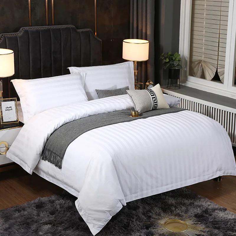 100% Cotton All White 3cm Stripe Hotel Linen Bedding Sets Bed Fitted Flat Sheet/Duvet Cover/Pillow Cases Set