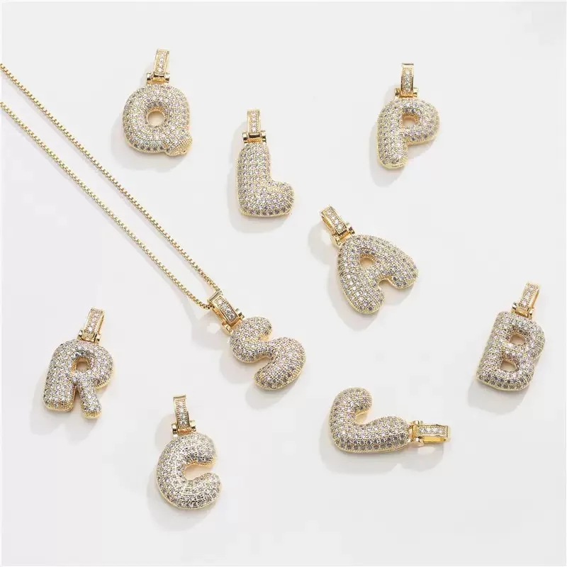 Charm fashion Jewelry Making Arabic Initial Gold Diamond Plated 18k m 26 letters alphabet bubbles pendant charms necklace
