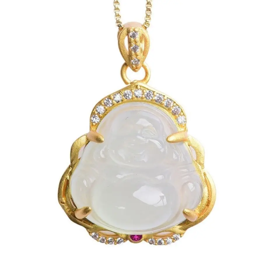 Wholesale cheap jewelry copper gilded buddha beads chalcedony agate pendant necklace maitreya buddha pendant