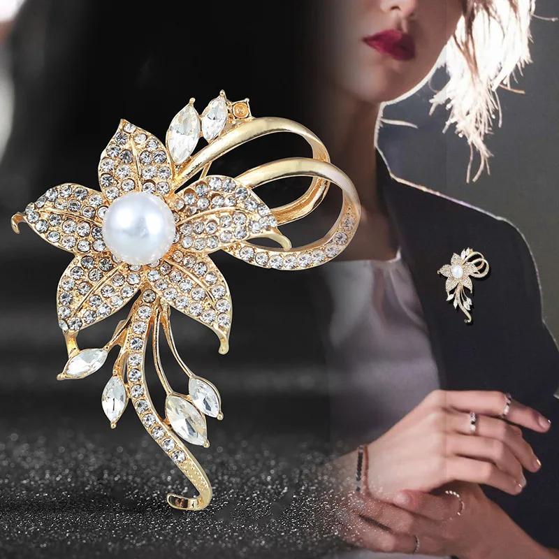 Fashion Luxury Flower Crystal Pearl Brooch Women Elegant Clothes Scarf Pins Jewelry Vintage Wedding Brooch (KBL163)