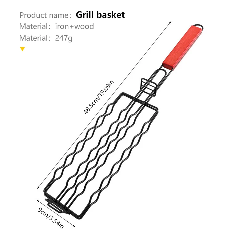 6 holes iron Rack Roast Sausage Hot Dog Grill Net Clip Grills Basket with wooden handle