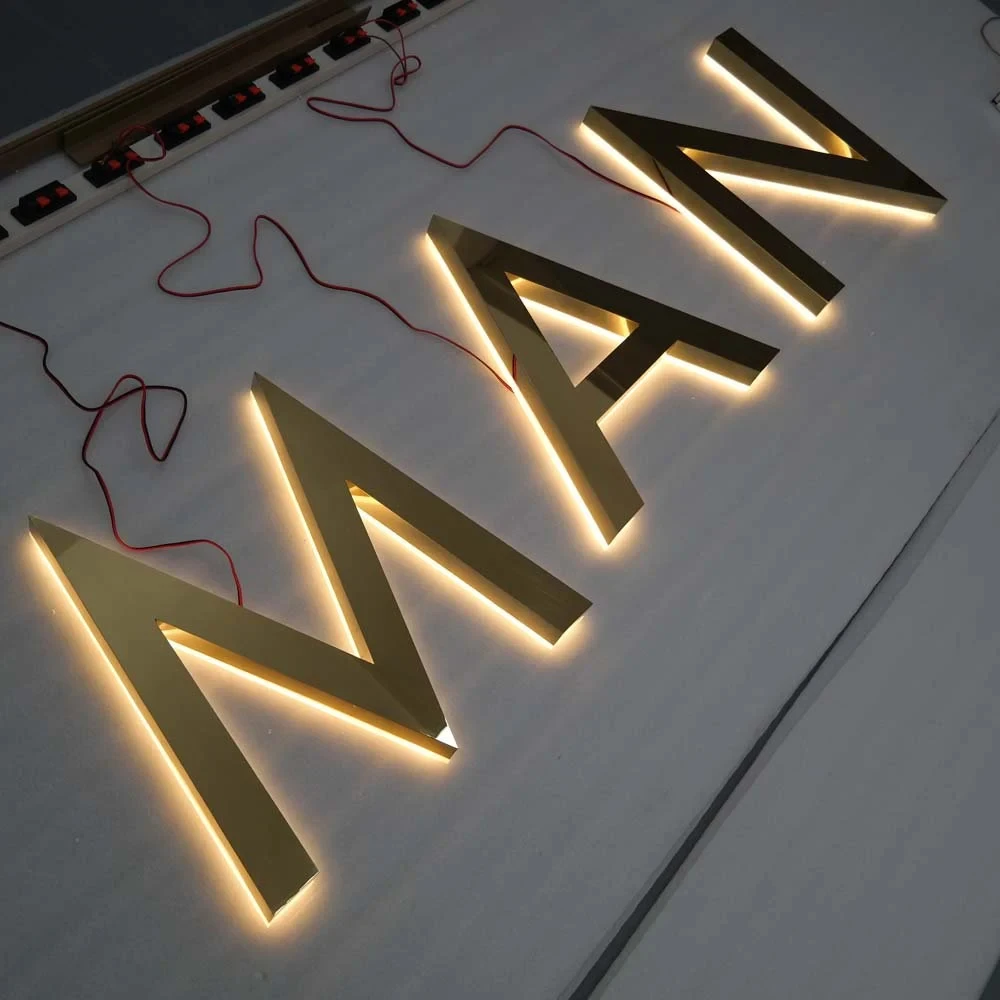 New Design 304 Grade Stainless Steel Polished Mirror Effect Stainless Steel Metal Back Lighted Stainless Steel Sign