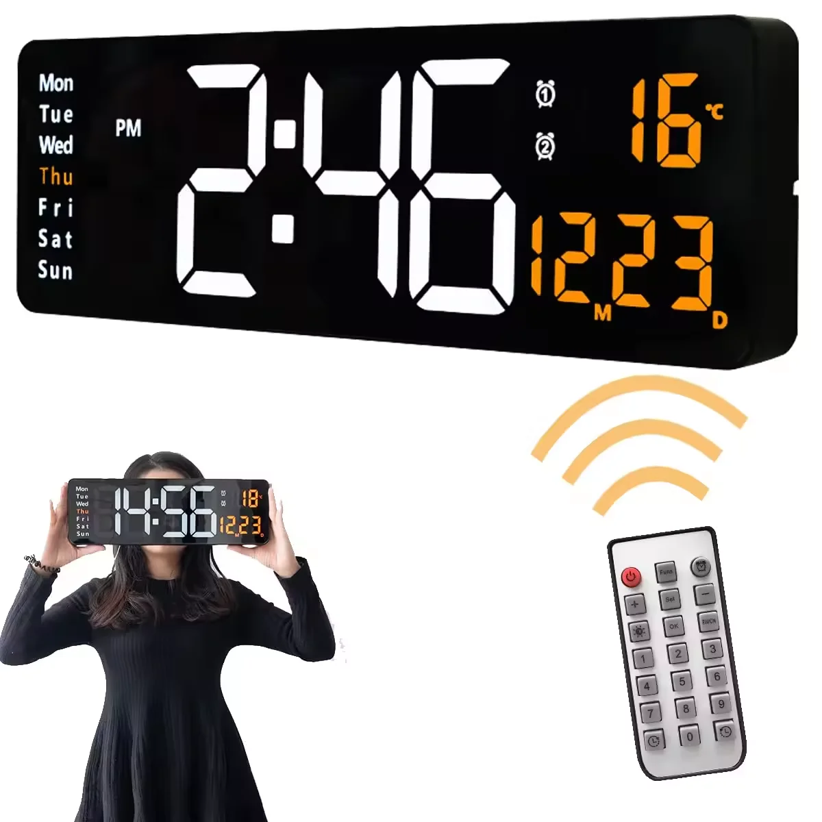 Multifunctional Colorful LED Wall Clock Remote Control Digital Countdown Timer Temperature Week and Calendar Display Clock