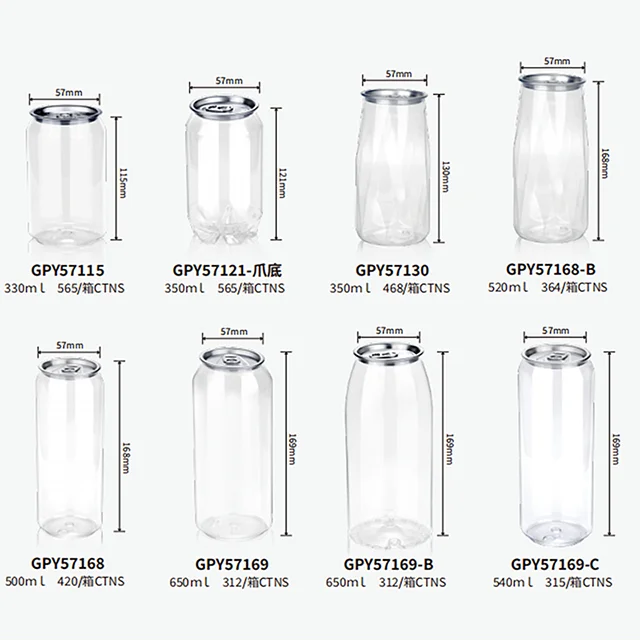 wholesale empty clear custom 250 ml 350 ml 500 ml 650 ml 750 ml transparent PET can plastic can drink soda coffee beverages can