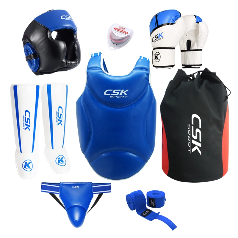 Durability pu leather adults kick boxing 8 set including boxing headgear mouthguard breast guards bandage boxing gloves