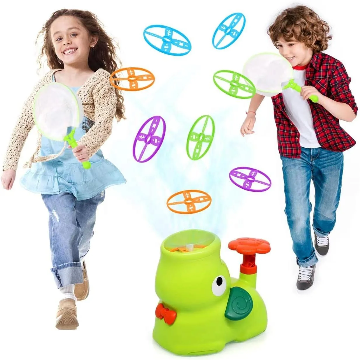 Kids Spring Disc Saucer Outdoor Set Creative Launch Catch Nets Flying Discs Launcher Toys With 8 Flying Discs 2 Catch Nets