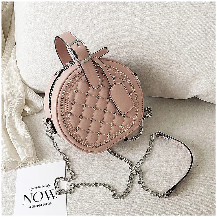 Fashion Rivet Round PU Leather Women Chains Handbag DIamond Lattice Shoulder Bag Lady Travel Purse Crossbody Bag Messenger