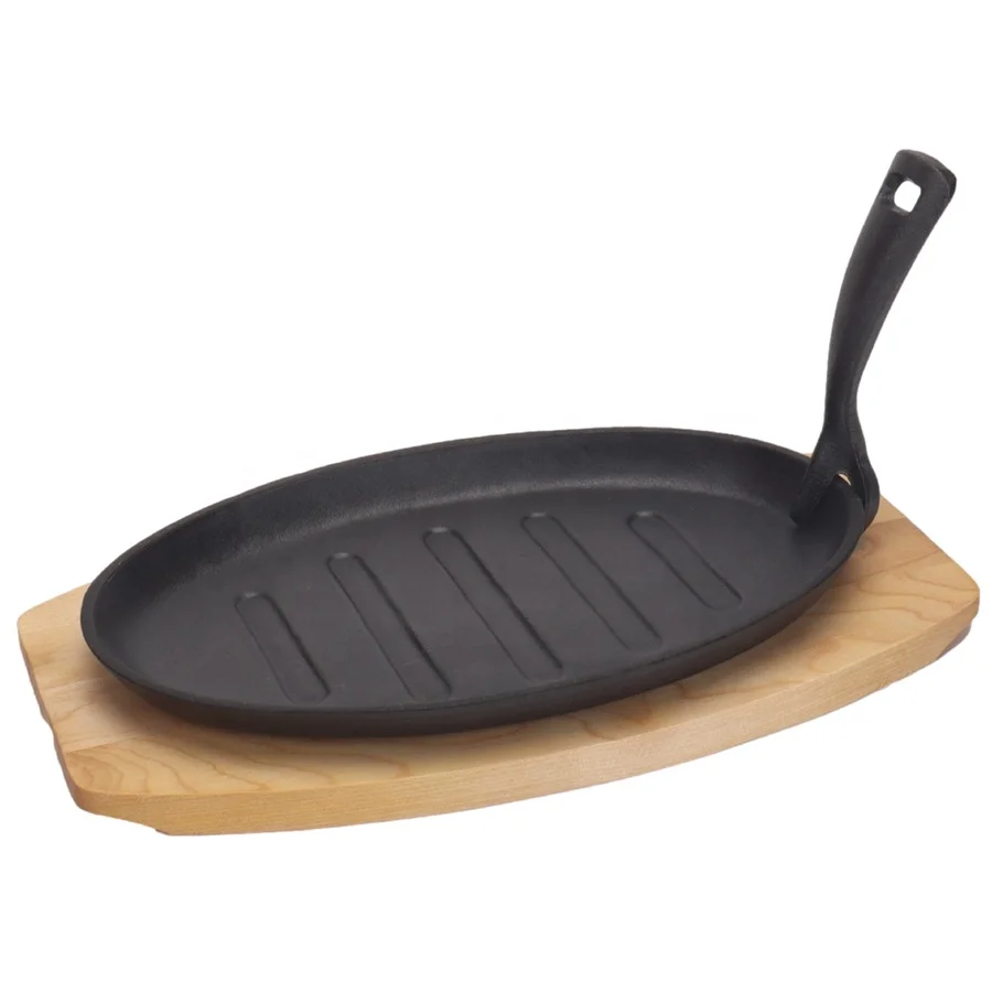 Hot Sale Oval Shape Cast Iron Sizzling Pan Flat Bottom Steak Fish Frying Pan Fajita Plate Skillet with Wooden Base