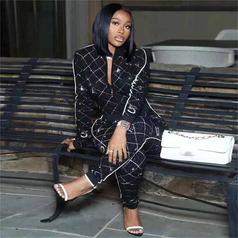 2024 New Trending Branded Designer Clothing Ladies Plus Size Black Sexy Bodycon Tights Romper Long Sleeve Printed Women Jumpsuit