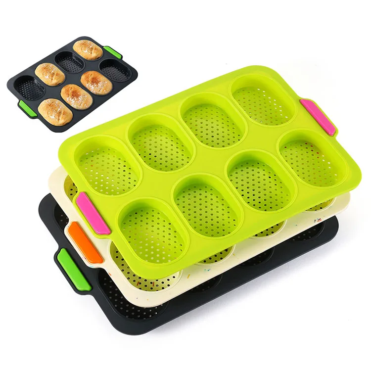 Silicone Cake Tools French Bread Baking Mold 8 Cavity DIY Non-Stick Form Perforated Muffin Pan Loaf Baking Hamburger Mould