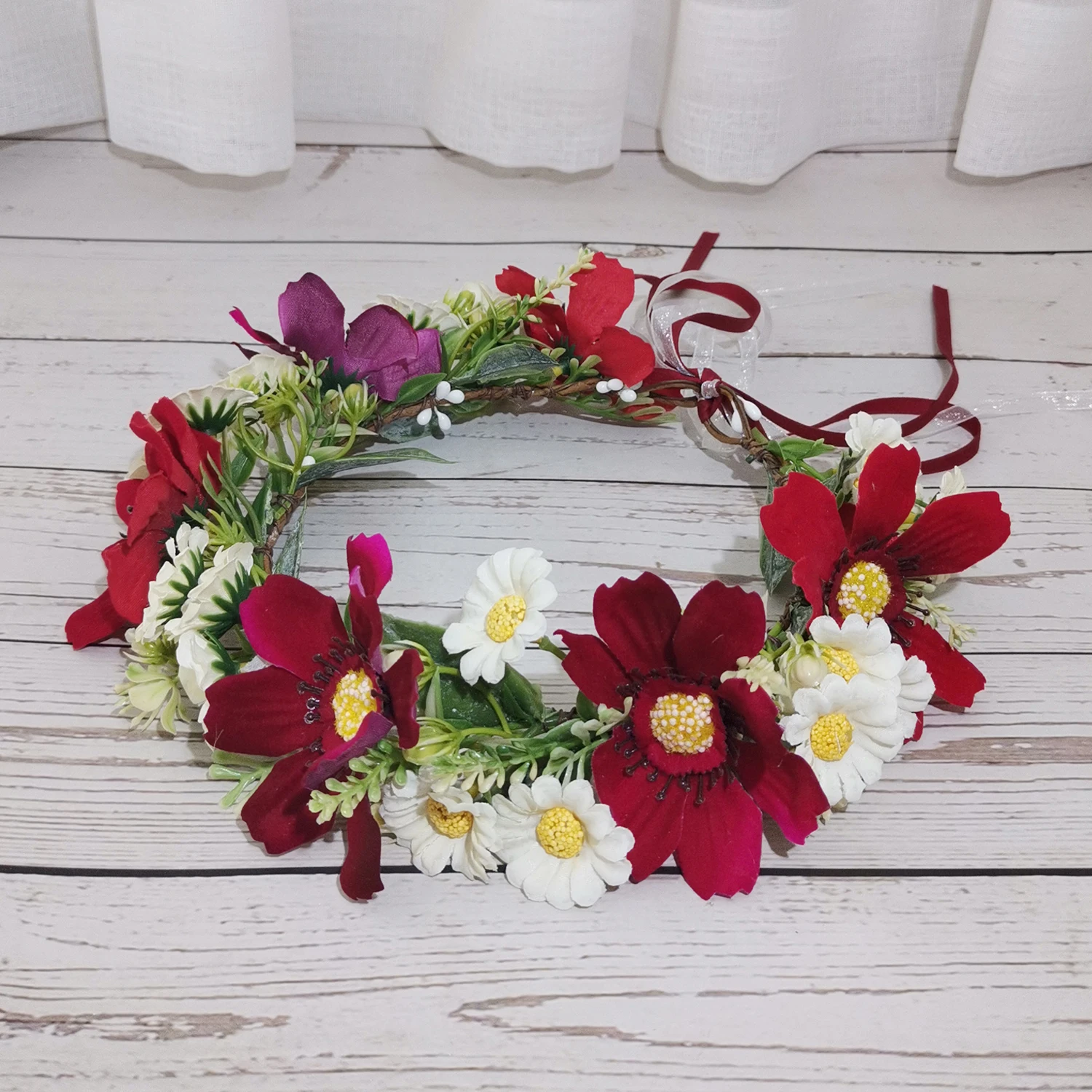 Artificial Rambutan Crown Bugundy Floral Festival Greenery Hair Crown Flower Headband Bridal Hair Ornaments Rose Floral Hairband