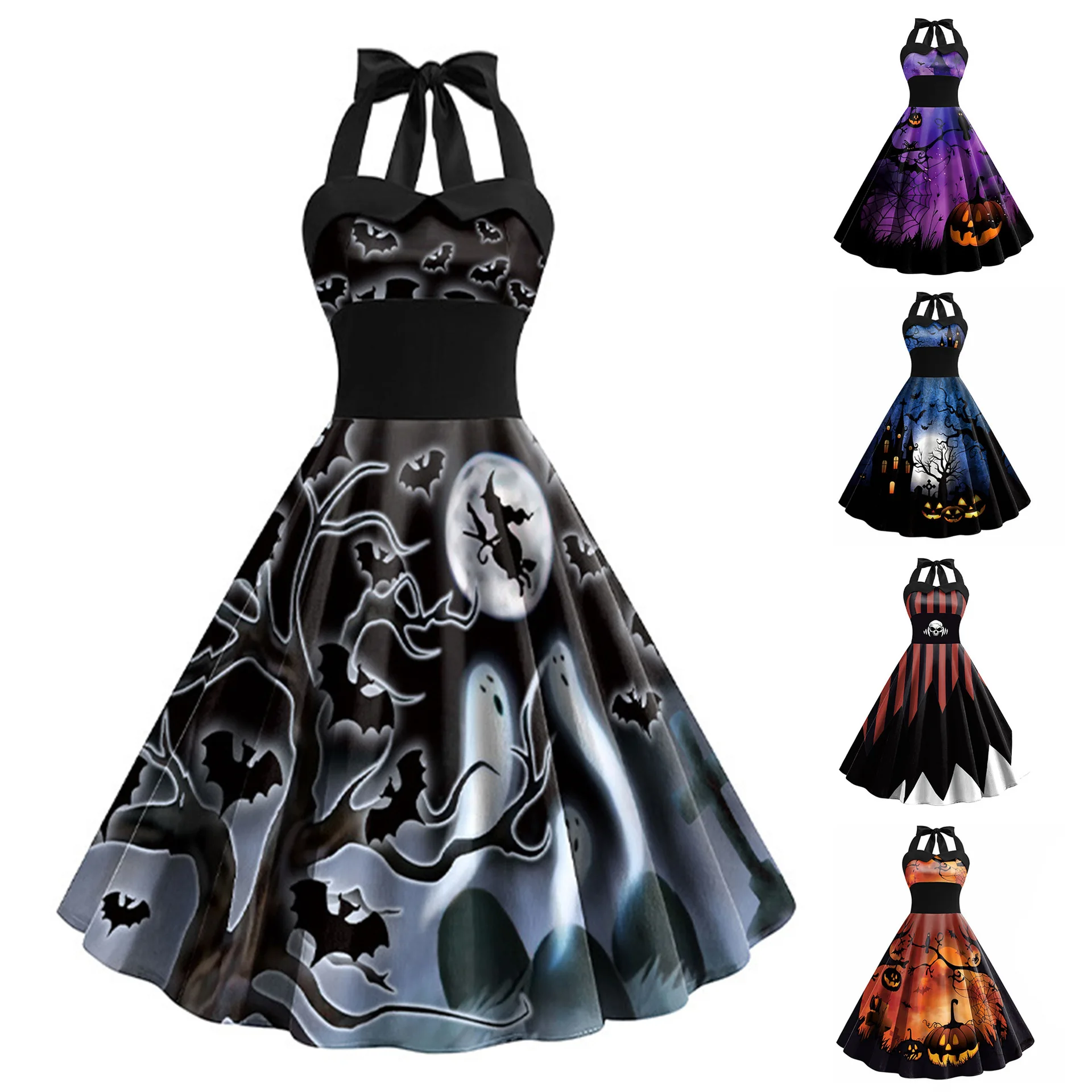 sai women vintage halter skeleton  pumpkin dress women  Halloween dress