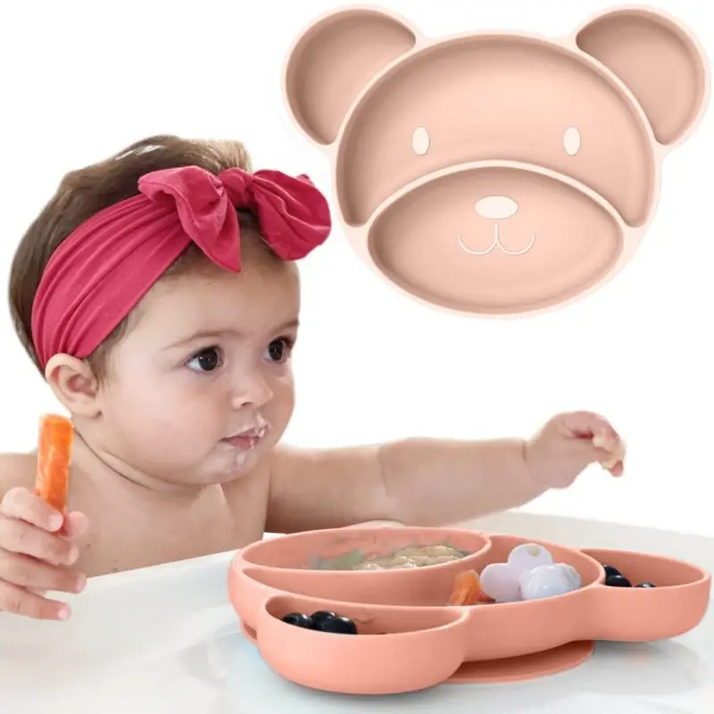 Toddler Silicone Plates Divided BPA-Free Baby Weaning Plate Fits Most High Chair Trays Dishwasher Microwave Safe