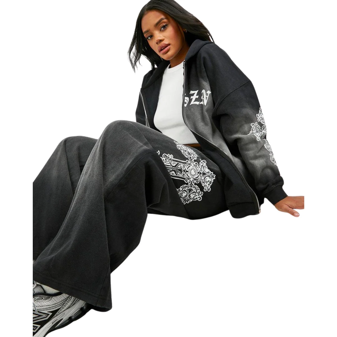 Custom Acid Wash Two Piece Set Faded Vintage Jogging Tracksuit Zip Hoodie Straight Leg Flared Sweatpants Adult Size Air