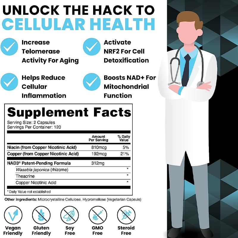 Supplements NAD3 NAD+ Booster Extra Value Size Clinically Proven & Independently Tested  Metabolic Repair 240 Capsules