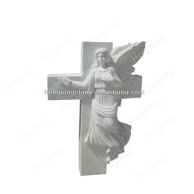 Cemetery Custom Hand Carved European Style White Marble Cross Design Tombstone