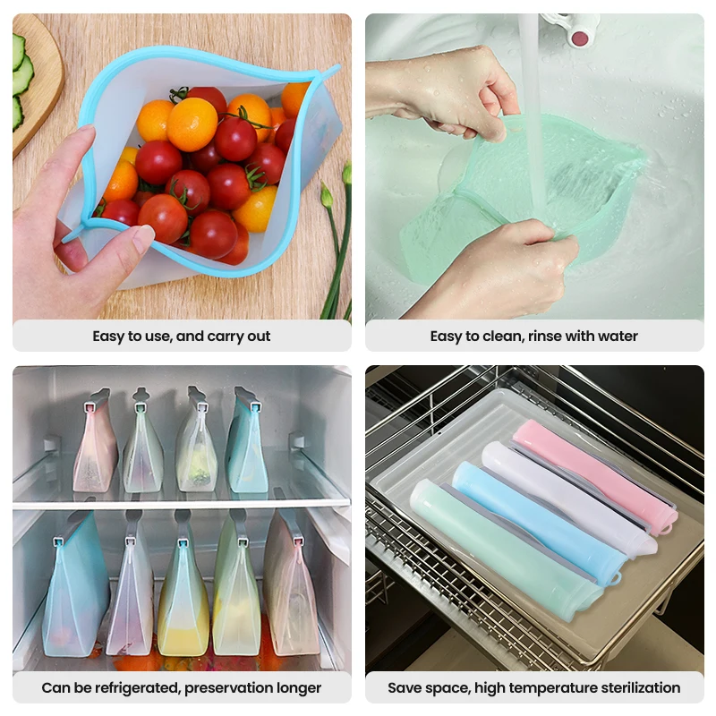 BPA Free Custom Freezer Food Grade Safe Stand Up Foldable Silicon Food Bag Silicone Reusable Storage Food Pouch Bags with Zipper
