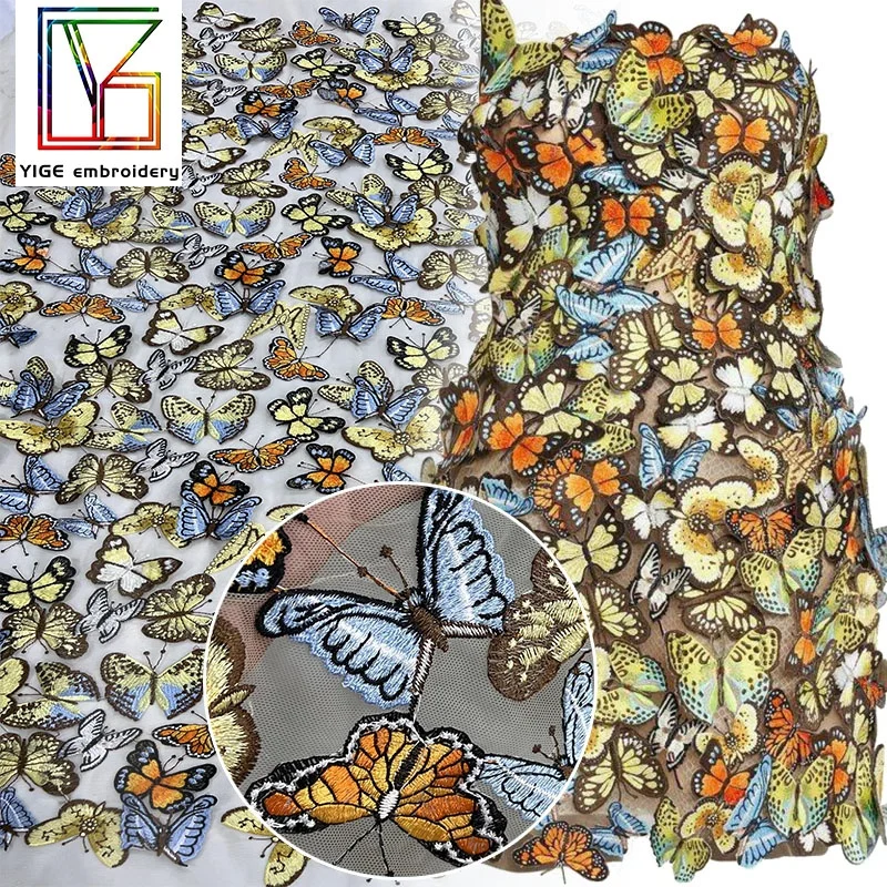 custom butterfly Embroidery tulle Applique Design 100% Polyester Embroidery Bridal mesh fabric 3D Flower Lace Fabric