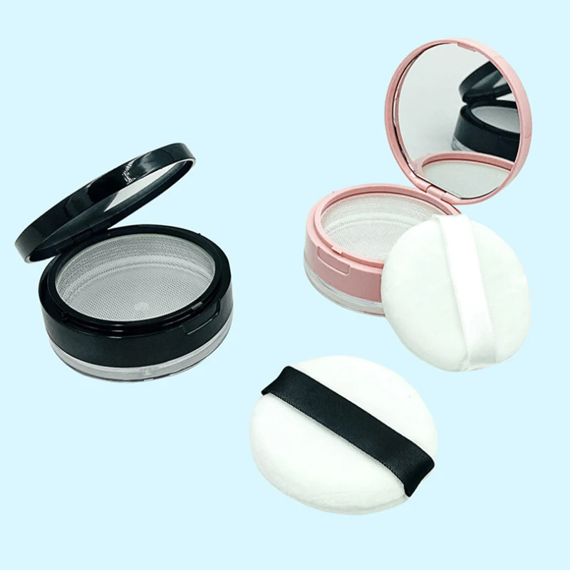 In Stock Pink Black Makeup Round Clear Empty Powder Packaging Container Case Box Plastic Loose Powder case Jar with Puff