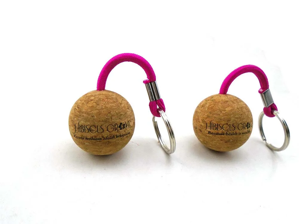 China  logo 50mm 35mm round 3d ball key ring with cork ball key chain float cork wood keychain cork keychain