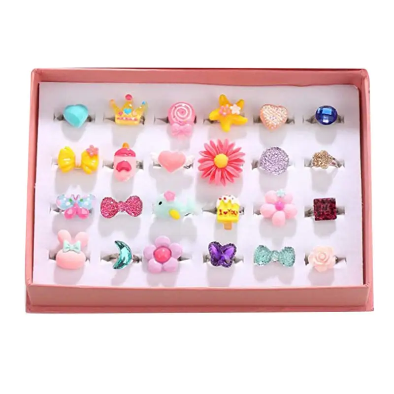 2022 Hot Sales Kid Dress Up Rings, Pretend Play Toy Lovely Adjustable Little Girl Jewel Rings Box Set