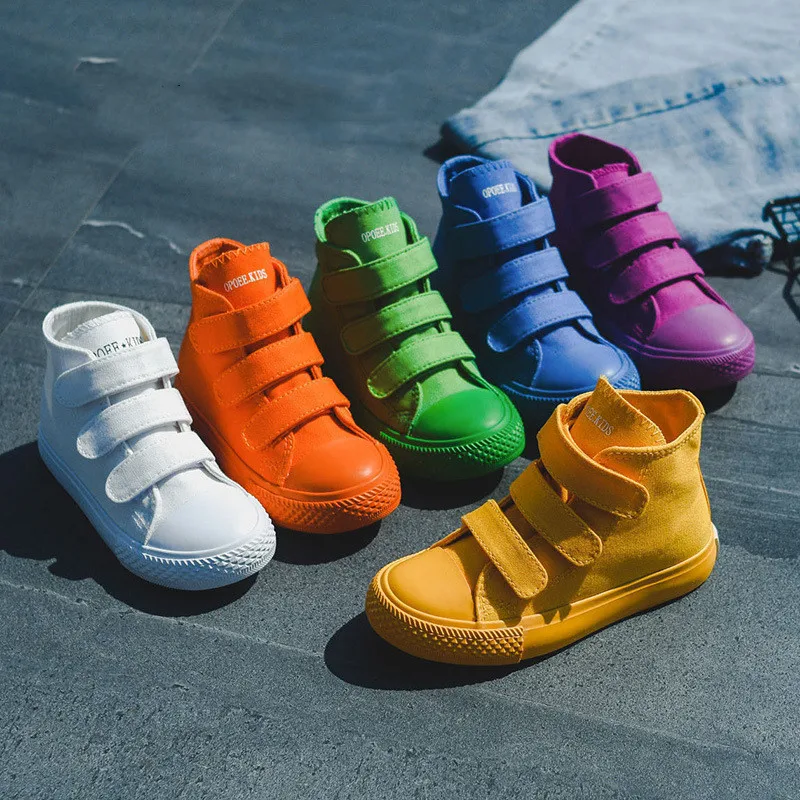 Children School Casual Sneakers Slip On Canvas Kids Shoes High-Top Candy Color Trendy Kids Canvas Shoes