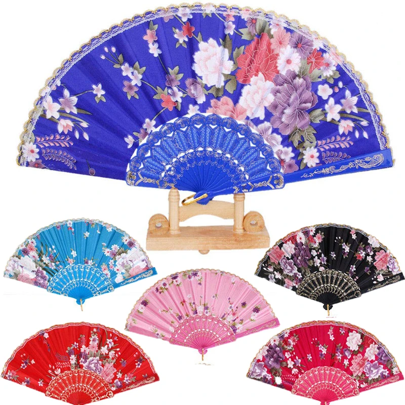[I AM YOUR FANS]Wedding Hollow Out Folding Plastic Fan Silk Fabric Dancing Fans